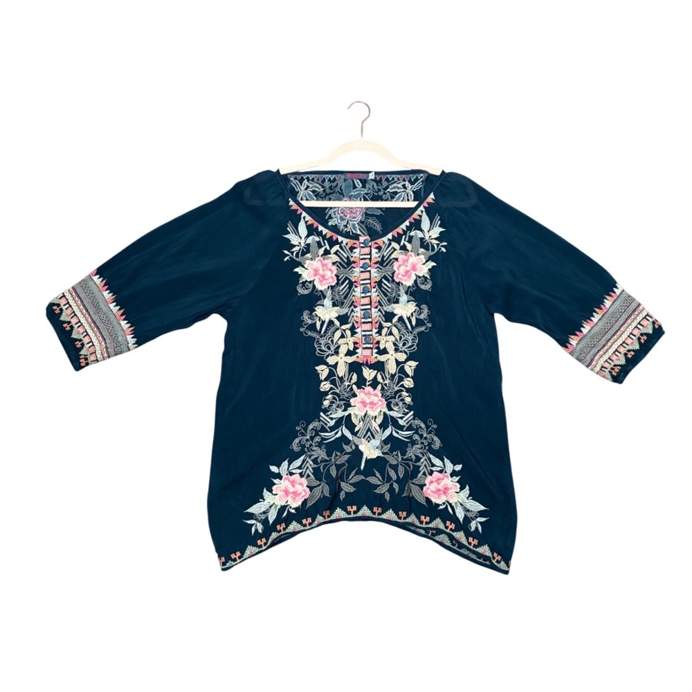 Johnny Was C14815 Teal Blue Cupra Rayon Embroidered Floral Bird Blouse Top L